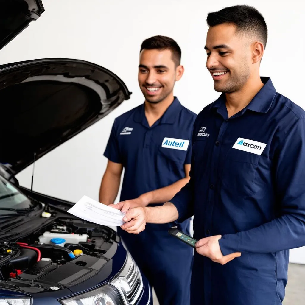 Mechanic handing a printed report from an Autel MaxiCOM to a car owner